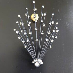 VTG Brooch Retro Atomic Starburst Boho Whimsigoth Rhinestone Black Metal Fan Pin